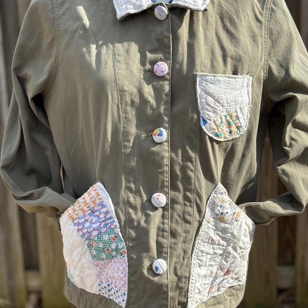 Upcycled Quilt Utility Jacket | Handmade Covered Buttons, One of a Kind