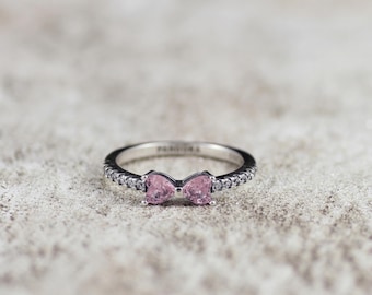 925 Sterlingsilber Schleifenring mit rosa Herz CZ und klaren Akzenten - ein zierliches Geschenk für sie, Versprechensring, niedlicher Schmuck für jeden Tag