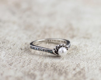 925 Sterling Silber Perlenring, Muschel-Design, CZ Inlay, zierliches Geschenk für sie, Jahrestag, Geburtstag, romantischer Schmuck für Frauen