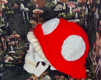 Red 3 up hand crocheted mushroom cap.