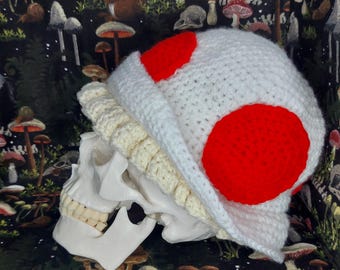 White and red ghost hand crocheted mushroom cap.