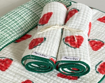 Toalla de cocina de 33 x 33 cm con estampado de sandía y limón / Paño de cocina cuadrado de 33 cm, suave y absorbente / Regalo para inauguración de casa / Gasa de algodón 100% hecha a mano