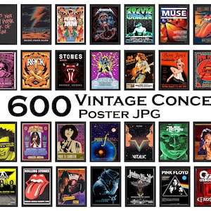 May include: A collection of framed vintage concert posters featuring various artists and bands. The posters showcase diverse designs and colors, with text including band names and event details. The image also includes the text "600 VINTAGE CONCERT POSTER JPG."