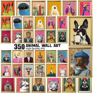 May include: A collection of 350 digital animal wall art prints featuring various creatures including dogs, cats, giraffes, and lions in gold frames. The images display animals in human clothing, holding items like coffee cups, pretzels, and bananas.