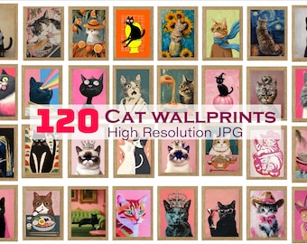 120 stampe artistiche murali di gatti ad acquerello, poster di gatti colorati, decorazioni con animali carini, stampe di gatti in stile pop art, pacchetto di stampe artistiche di gatti, download digitale,