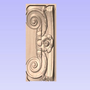 Puede incluir: Una talla de madera detallada y ornamentada con un diseño de rollo y un acento floral. La talla es de color marrón claro y tiene un acabado liso y pulido.