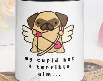 Funny "My Cupid Has a Terrible Aim" Mug with Colorful Interior. Perfect Valentine's Day Gift for Singles and Dog Lovers!