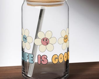 Life is Good Coffee Glass, Preppy Daisy Glass for Positivity, Bridesmaid Proposal Gift, Gifts for Her, Mother's Day Gift, Graduation Gift