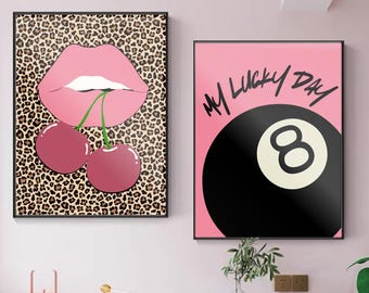 Lucky 8 Ball Leopard Print, Pink Casino Wall Art (Digital Download)