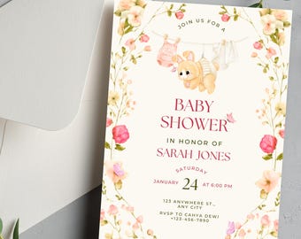 Editable Baby Shower Invitation, Cute floral Girl Baby Shower Invitation, Canva Template, Instant Download