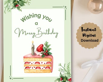 Minimalist December Birthday Card, Folded Printable Christmas B-day Greeting Card (Digital Download)