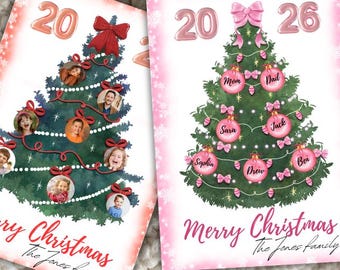 Personalized Editable Christmas tree, Holiday Family Card with Names,Digital Merry Christmas Printables, Canva templates.