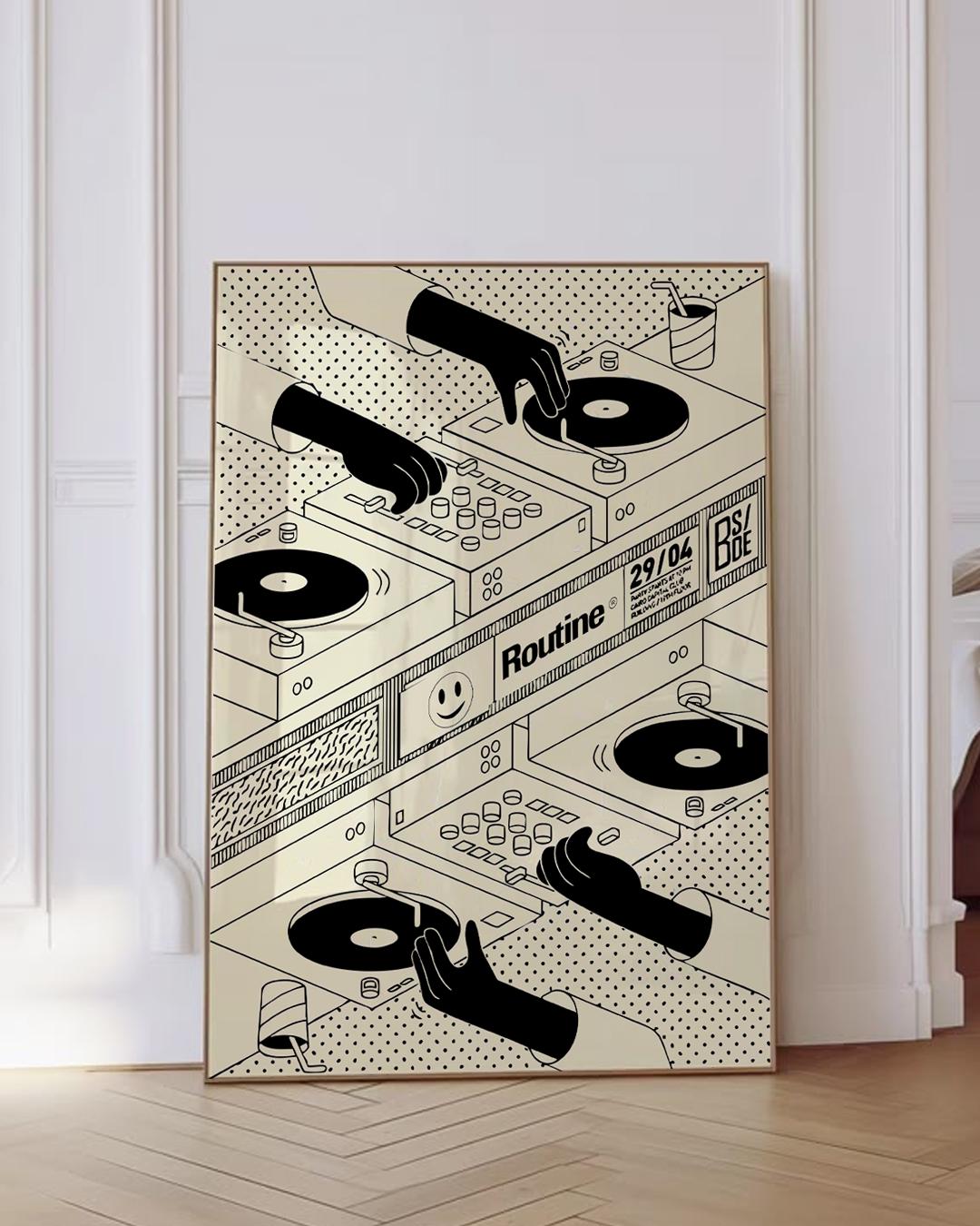 DJ Turntable Poster Print, Retro Vinyl Record Wall Art, Minimalist Black and White Decor, Modern Boho Room Poster, Cool Music Lover Gift