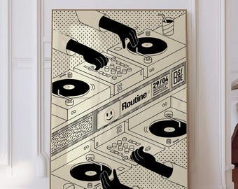 Isometric DJ Poster, Retro Music Wall Art Print, Black and White Club Illustration, Digital Download for Music Lovers, Club Decor