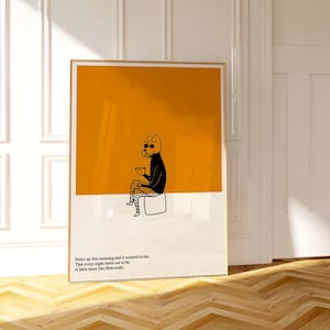Póster de perro con café, impresión para el hogar, impresión de póster blanco, impresión de póster grunge, regalo de póster de moda, arte retro, decoración boho moderna