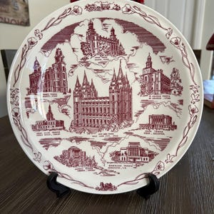 Vintage Transferware Pink/maroon Collector Plate Mormon LDS Temples Vernon Kilns 1940s