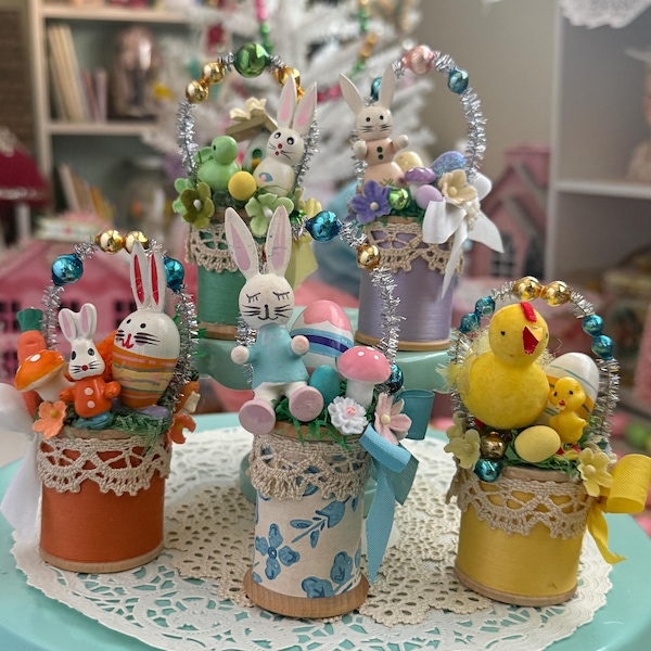 Vintage Spool Easter Shelf Sitter • Handmade Spring Decor, Mercury Beads