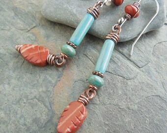Southwest Copper and Silver Earrings Turquoise and Red
