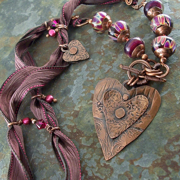 Valentine Heart Pendant Berry Fuchsia Antiqued Copper with Lampwork Glass Silk Ribbon Eggplant Pearls Crystal