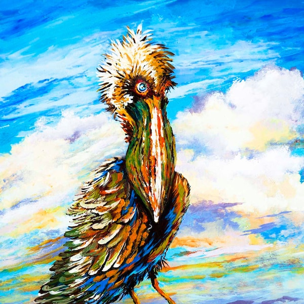 Louisiana Brown Pelican,Louisiana State Bird,Swamp and Bayou Art,Pelican with Bad Hair Day, Pelican Gift - 'Bedhead Boudreaux'