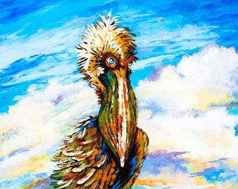May include: A colorful painting of a pelican standing on a wooden post. The pelican has a blue eye and is painted in shades of brown, green, blue, and white. The background is a blue sky with white clouds.
