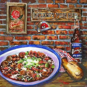 Red Beans and Rice, Barq's Root Beer and French Bread, New Orleans Monday Night Dinner, New Orleans Food Art Painting - 'Red Beans and Rice'