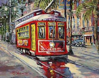 Canal Streetcar, New Orleans Red Streetcar Impressionist Painting, New Orleans Trolley, New Orleans Red Canal Streetcar - 'Canal Street Red'