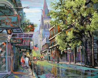 New Orleans Art, St Louis Cathedral, Impressionist Painting of Chartres Street, French Quarter, New Orleans Vieux Carré - 'Chartres Rain''