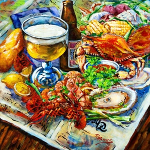 Seafood Print, Crawfish, Oysters, Crab,  Shrimp, New Orleans Seafood Table - Four Seasons of Seafood Painting - &#39;Louisiana Four Seasons&#39;