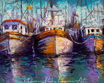 Shrimp Boats, Louisiana and Mississippi Gulf Coast Marine Art, Impressionist Art of Shrimp Boats at Rest, Louisiana Artist - 'Side by Side'