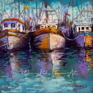 Shrimp Boats, Louisiana and Mississippi Gulf Coast Marine Art, Impressionist Art of Shrimp Boats at Rest, Louisiana Artist - 'Side by Side'