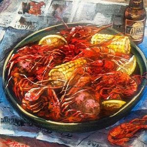 Boiled Crawfish Print with Abita Beer, Louisiana Seafood, Crawfish Painting, New Orleans Boiled Seafood Art - 'Crawfish Celebration'