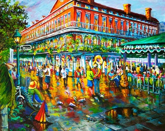 Café du Monde Art Print, Street Jazz, New Orleans French Quarter Impressionist Street Scene, Beignets on Jackson Square  - 'Decatur Evening'