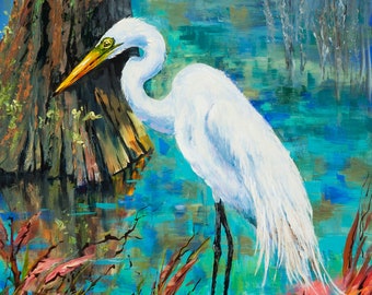 May include: A white egret with a yellow beak stands in a blue and green swamp with brown tree roots and pink and green reeds.