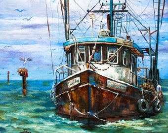 May include: A weathered, brown fishing boat with a blue cabin and a white American flag flying from the mast. The boat is docked in a calm, blue body of water with a cloudy sky in the background.