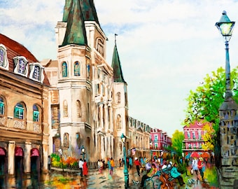 May include: An oil painting depicts a city street scene with a large cathedral and other buildings. The cathedral has a tall green steeple. People are walking on a wet street. The sky is blue with white clouds. A street lamp is on the right.