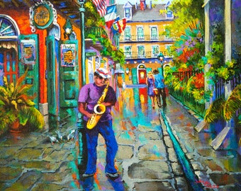 Pirates Alley Art, New Orleans Street Jazz Music Painting, Impressionist Art, New Orleans French Quarter Art, New Orleans Art -'Pirate Sax'