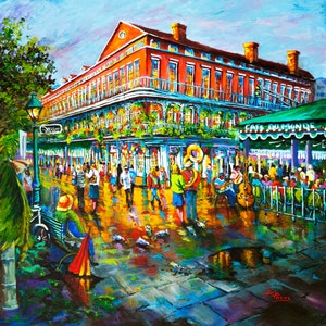 Café du Monde Art Print, Street Jazz, New Orleans French Quarter Impressionist Street Scene, Beignets on Jackson Square  - &#39;Decatur Evening&#39;