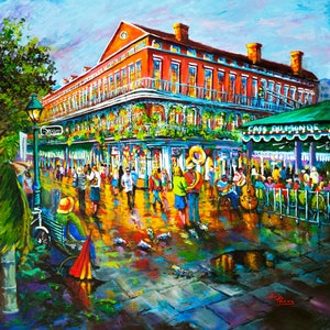 Café du Monde Art Print, Street Jazz, New Orleans French Quarter Impressionist Street Scene, Beignets on Jackson Square  - 'Decatur Evening'