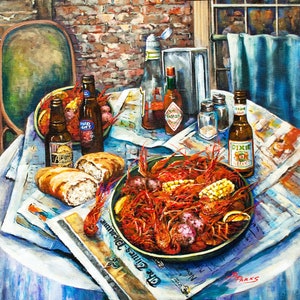 Crawfish Boil Art Print or Giclée Canvas, New Orleans Seafood Table, Louisiana Cuisine
