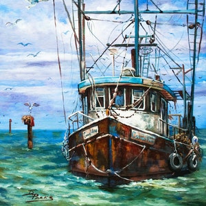 Shrimp Boat Painting, Mississippi Gulf Coast Shrimp Boat Returning to Harbor, Fishing and Marine Art Print, Louisiana Marine - 'Coming Home'