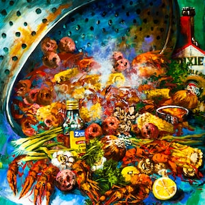 May include: A colorful painting of a seafood boil with crawfish, corn on the cob, potatoes, onions, lemons, and spices. The boil is in a large metal pot with steam rising from it. There is a bottle of Zatarain's Shrimp and Crab Boil seasoning and a bottle of Dixie beer in the background.