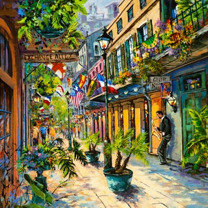 Arte del jazz de Nueva Orleans: Lámina o lienzo giclée con escena de Exchange Alley.