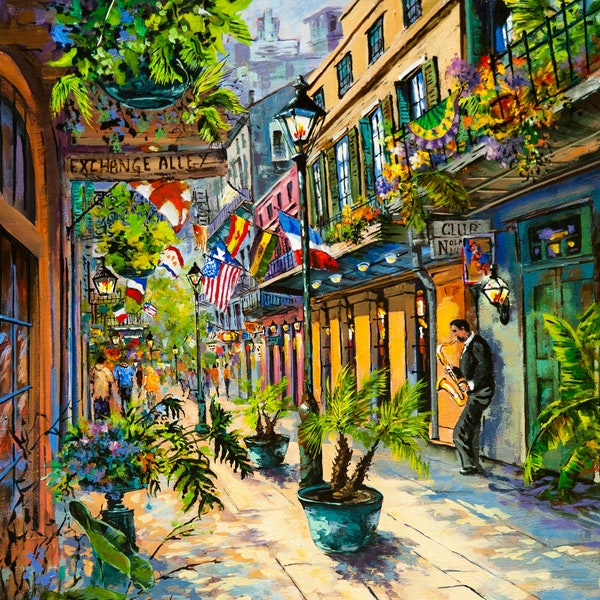 New Orleans Art, Jazz Sax Exchange Alley, Impressionist Street Scene, New Orleans French Quarter, New Jazz Orleans Music - 'Exchange Alley'
