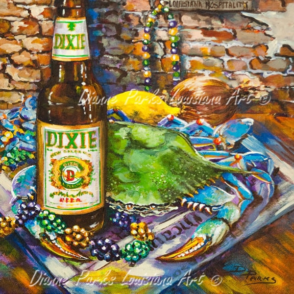 Boiled Crab  Art Print, Dixie Beer, Mardi Gras Beads, Community Coffee Sign, Louisiana Seafood, Louisiana Food Art, - 'Dixie Love'