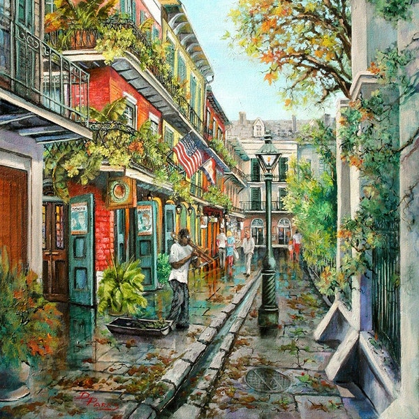 Impresión artística o lienzo Giclée de la escena musical de Pirates Alley, arte de jazz de Nueva Orleans