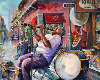 Doreen Ketchens, New Orleans French Quarter, Vibrant Impressionist Street Scene on Royal Street, New Orleans - 'Royal Jazz with Ms. Doreen'