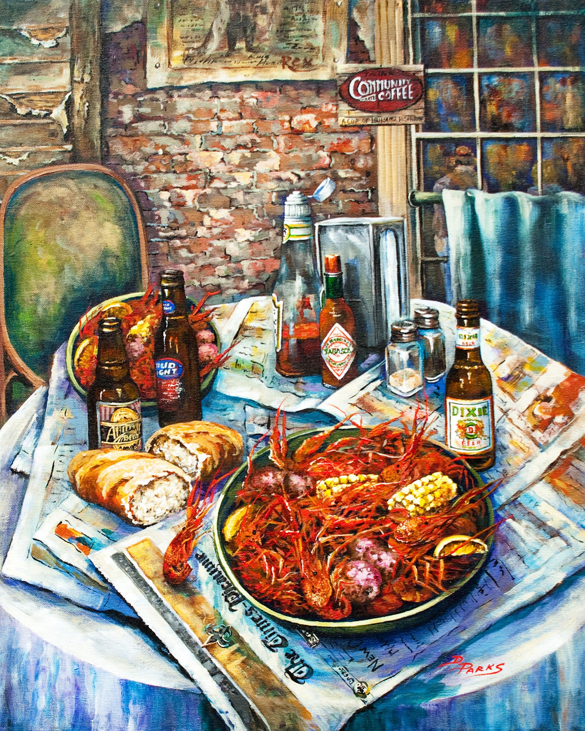 Crawfish Painting, New Orleans Boiled Seafood Art,  Louisiana Crawfish Table with Beer, Corn, Louisiana Seafood - 'Louisiana Saturday Night'