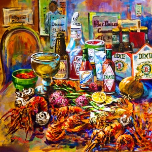 New Orleans Art, Louisiana Seafood Art, New Orleans Painting, Crawfish, Tabasco, Dixie Beer, New Orleans Seafood  - 'The Seafood Table'