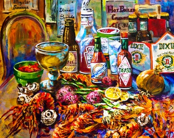 New Orleans Art, Louisiana Seafood Art, New Orleans Painting, Crawfish, Tabasco, Dixie Beer, New Orleans Seafood  - 'The Seafood Table'